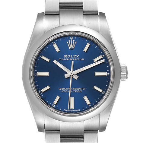 rolex oyster perpetual 34 silver dial blue batons|rolex oyster perpetual color chart.